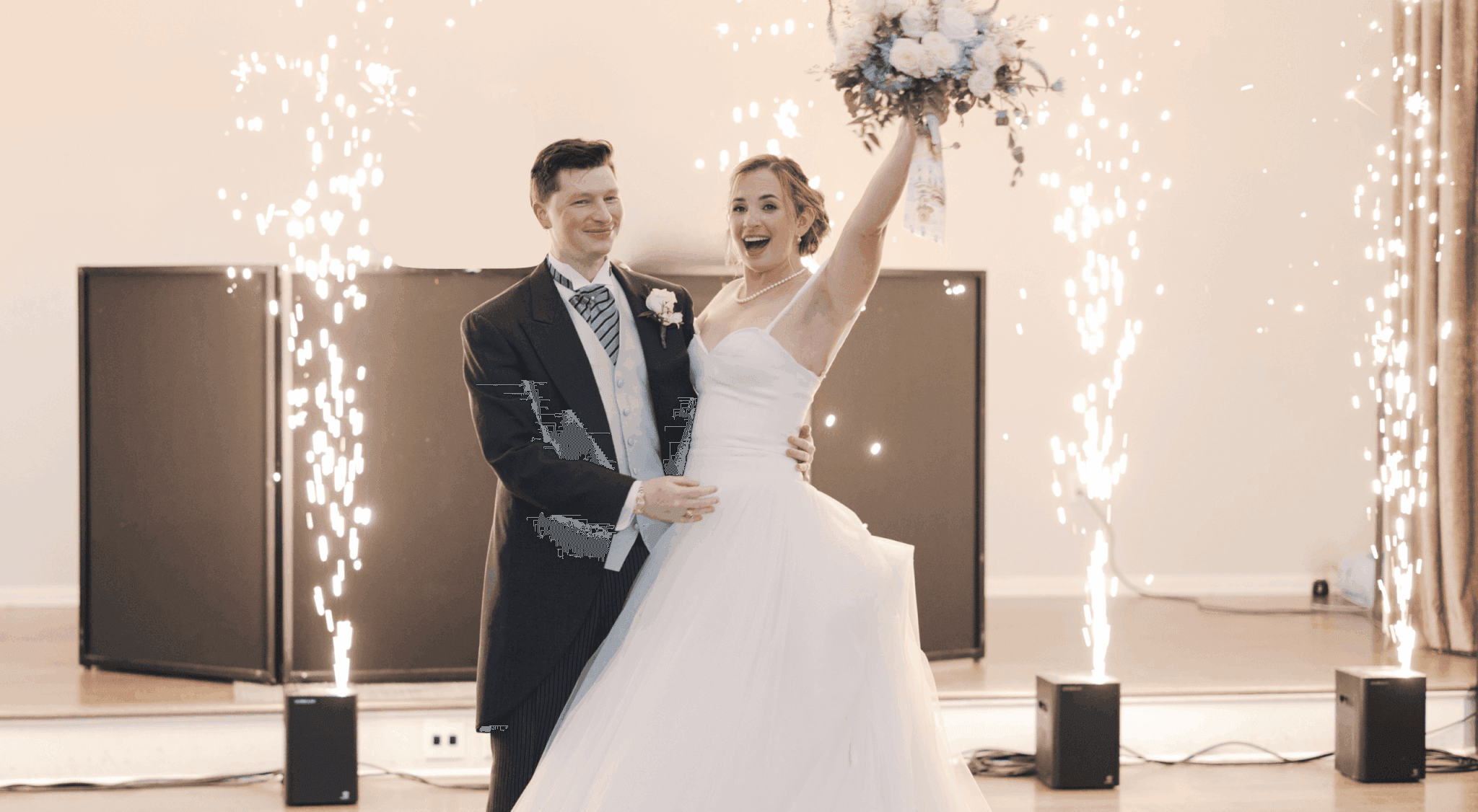 A man and woman in a wedding dress.