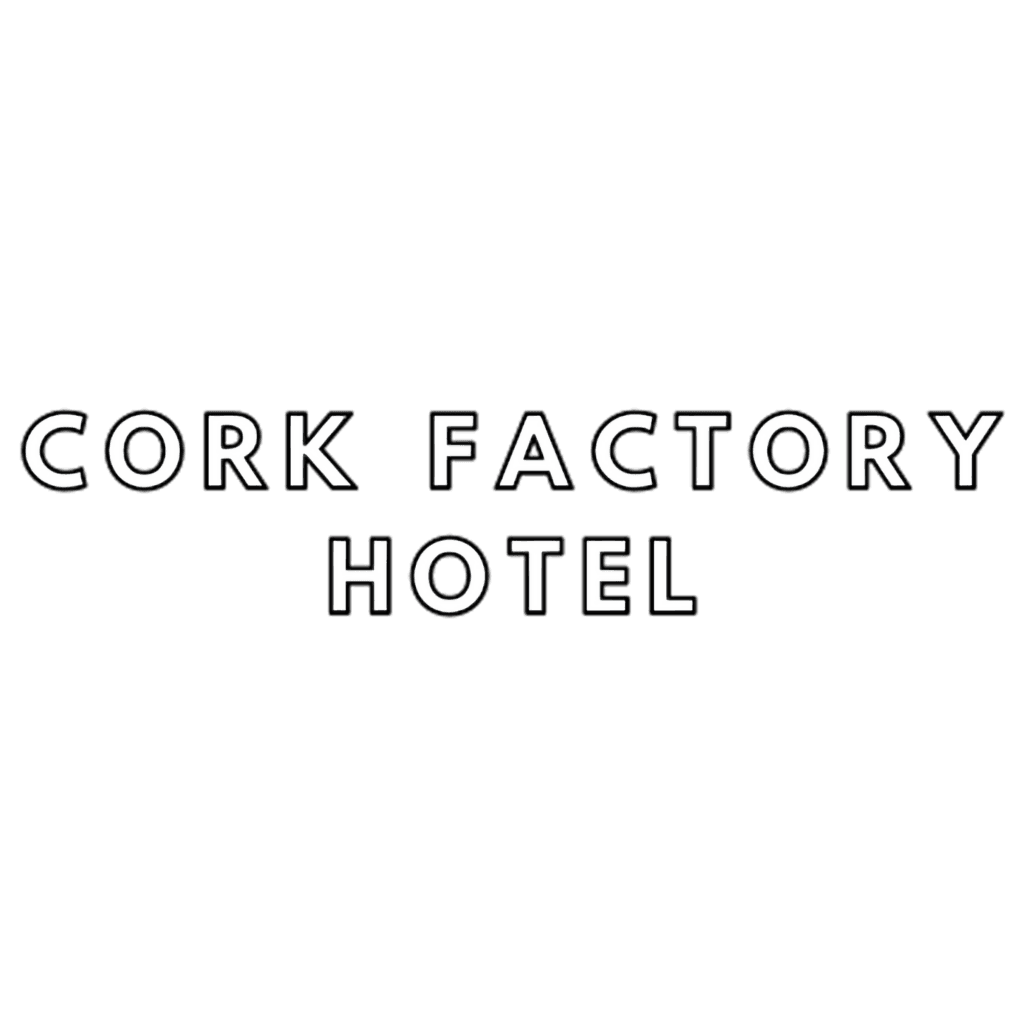 The image displays the words "CORK FACTORY HOTEL" in bold, uppercase, black outlined letters on a white background.