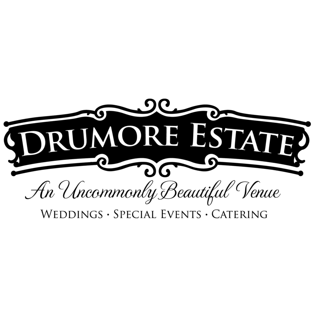 Logo for Drumore Estate with the tagline "An Uncommonly Beautiful Venue" and services listed as weddings, special events, and catering.
