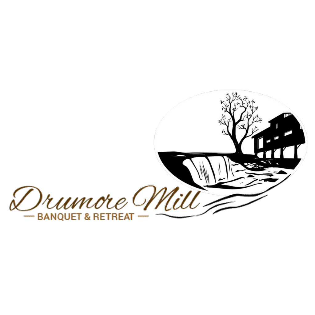 Logo for Drumore Mill Banquet & Retreat featuring a stylized black and white illustration of a mill, waterfall, and tree, with the business name in script and block fonts.