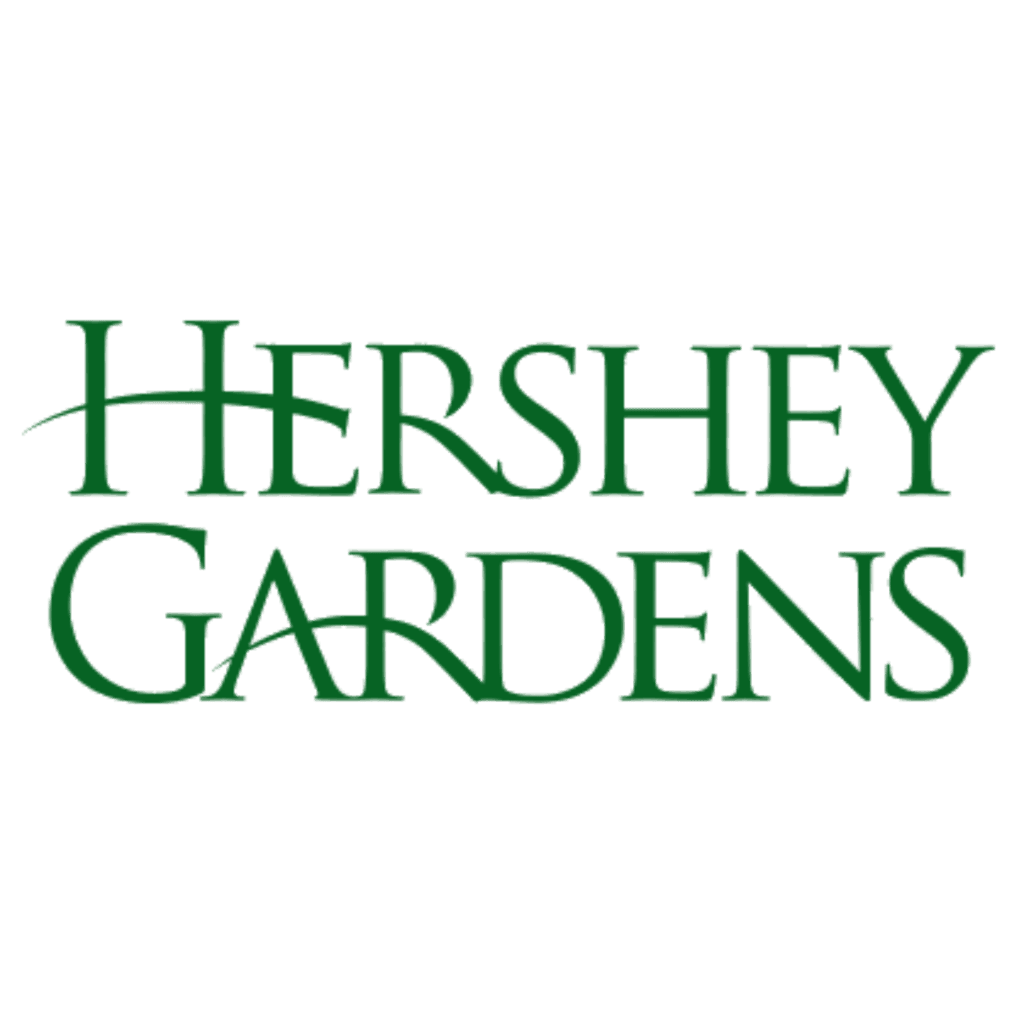 The image displays the words "Hershey Gardens" in green, stylized uppercase letters on a white background.
