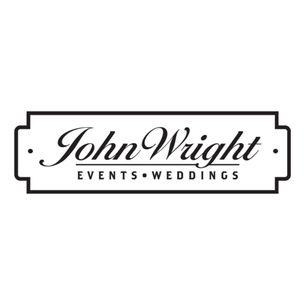 Black and white logo with the text "John Wright Events Weddings" in script and sans-serif fonts inside a rectangular outline.