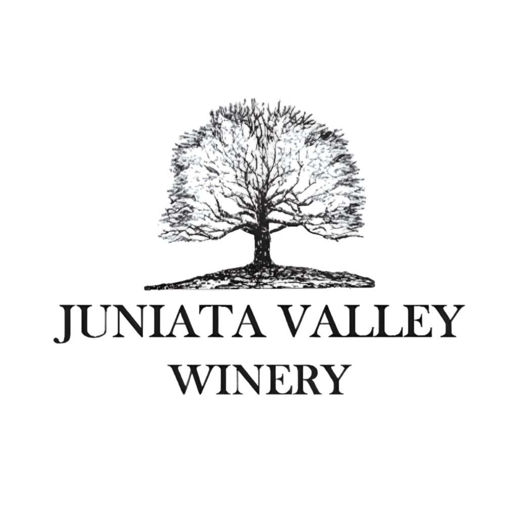 Black and white illustration of a large tree above the words "Juniata Valley Winery" on a plain background.
