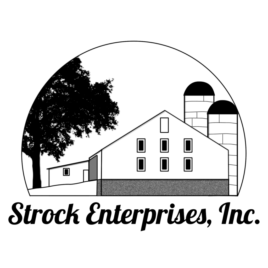Black and white logo featuring a barn, silos, a tree, and the text "Strock Enterprises, Inc." in bold cursive letters below the illustration.