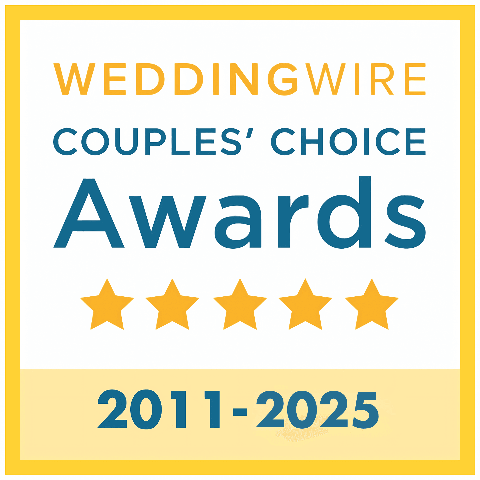 WeddingWire Couples' Choice Awards logo with five gold stars and the years 2011–2025 displayed at the bottom.