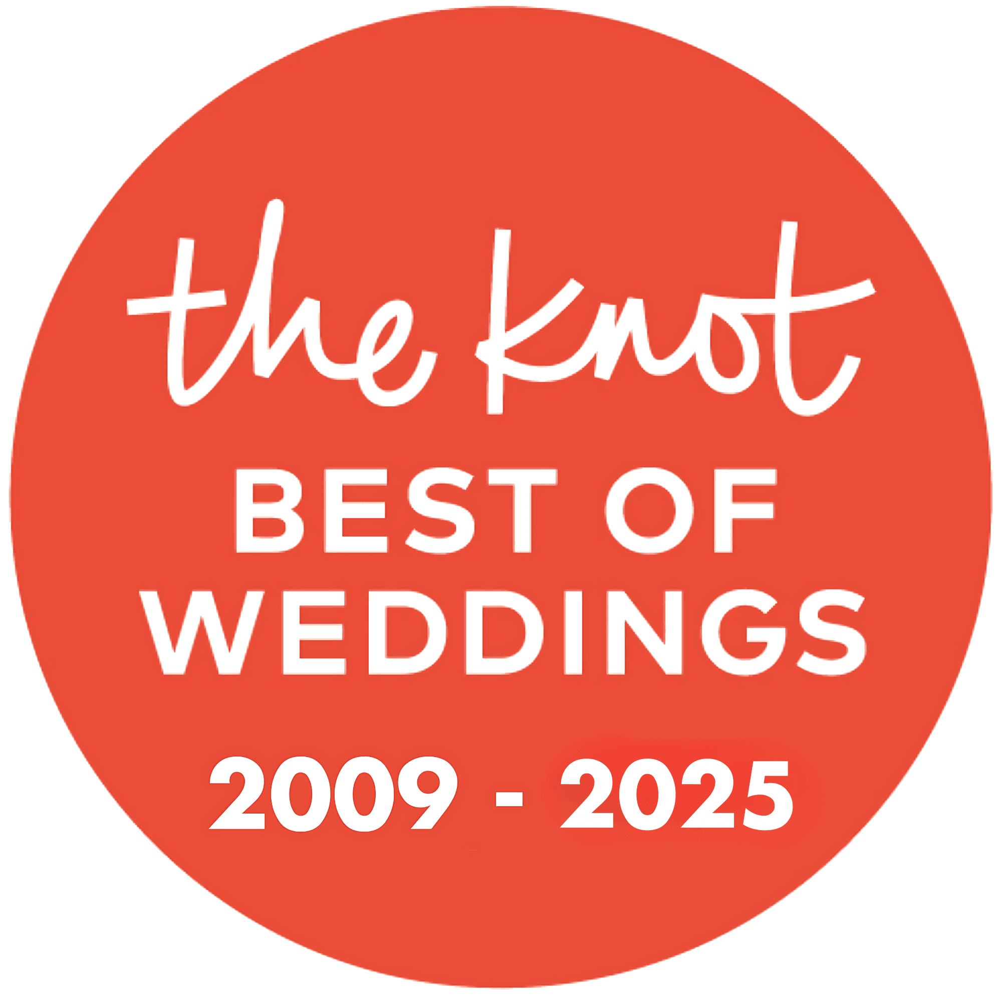 Red circle badge with white text reading “the knot BEST OF WEDDINGS 2009 - 2025.”.