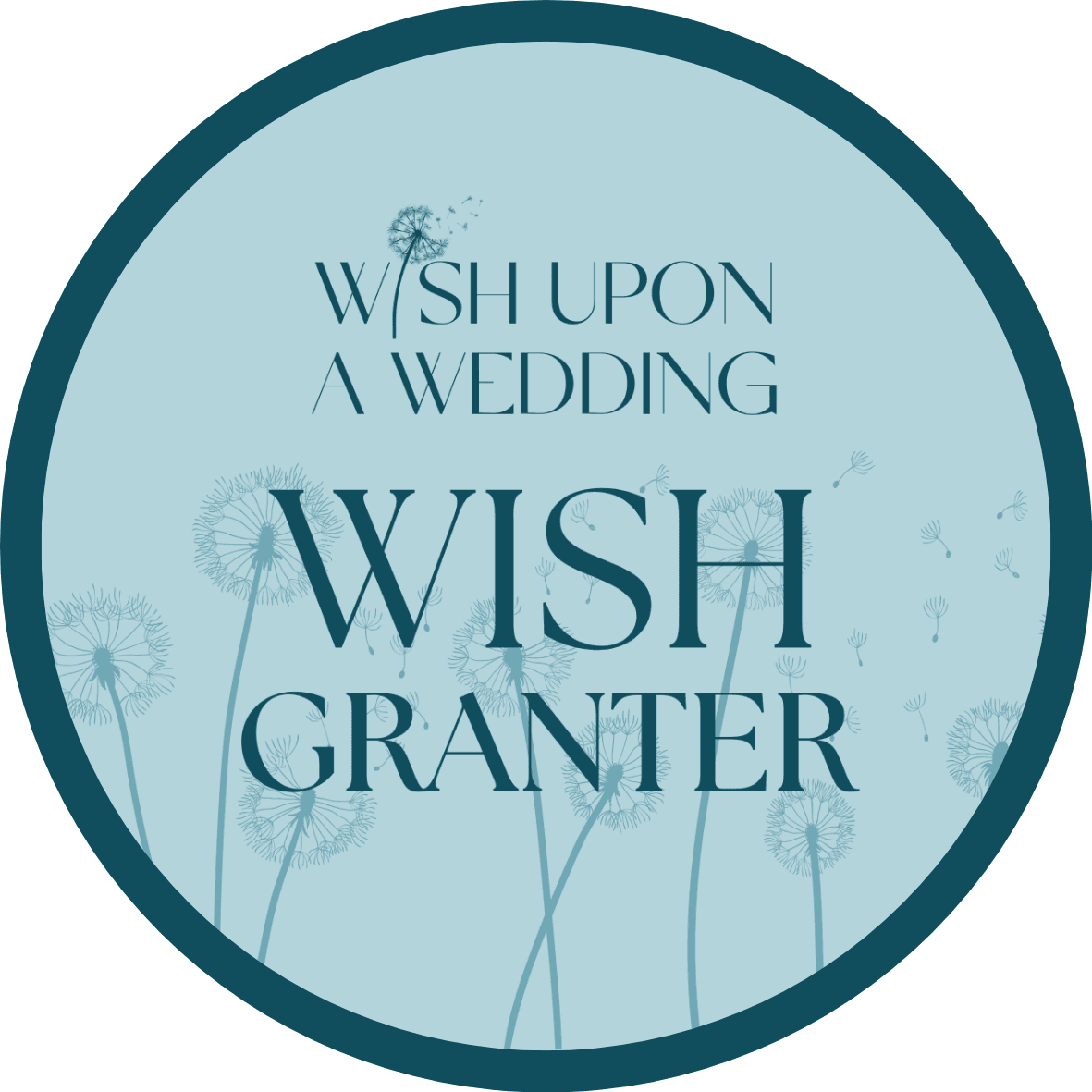 A circular blue logo with dandelion illustrations and the text "Wish Upon a Wedding Wish Granter.
