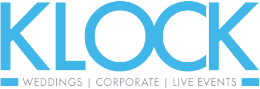 KLOCK logo with the words 'Weddings | Corporate | Live Events' underneath in blue and gray text.