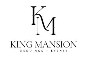 King Mansion logo with the letters "KM" overlapping above the text "KING MANSION WEDDINGS + EVENTS" in black font on a white background.