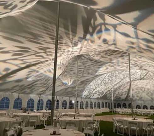 White event tent with round tables and chairs underneath; dark leaf-like shadows are cast on the tent ceiling.
