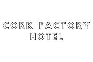venue-logo-cork-factory Text logo displaying the words "Cork Factory Hotel" in bold, outlined, uppercase letters on a white background.