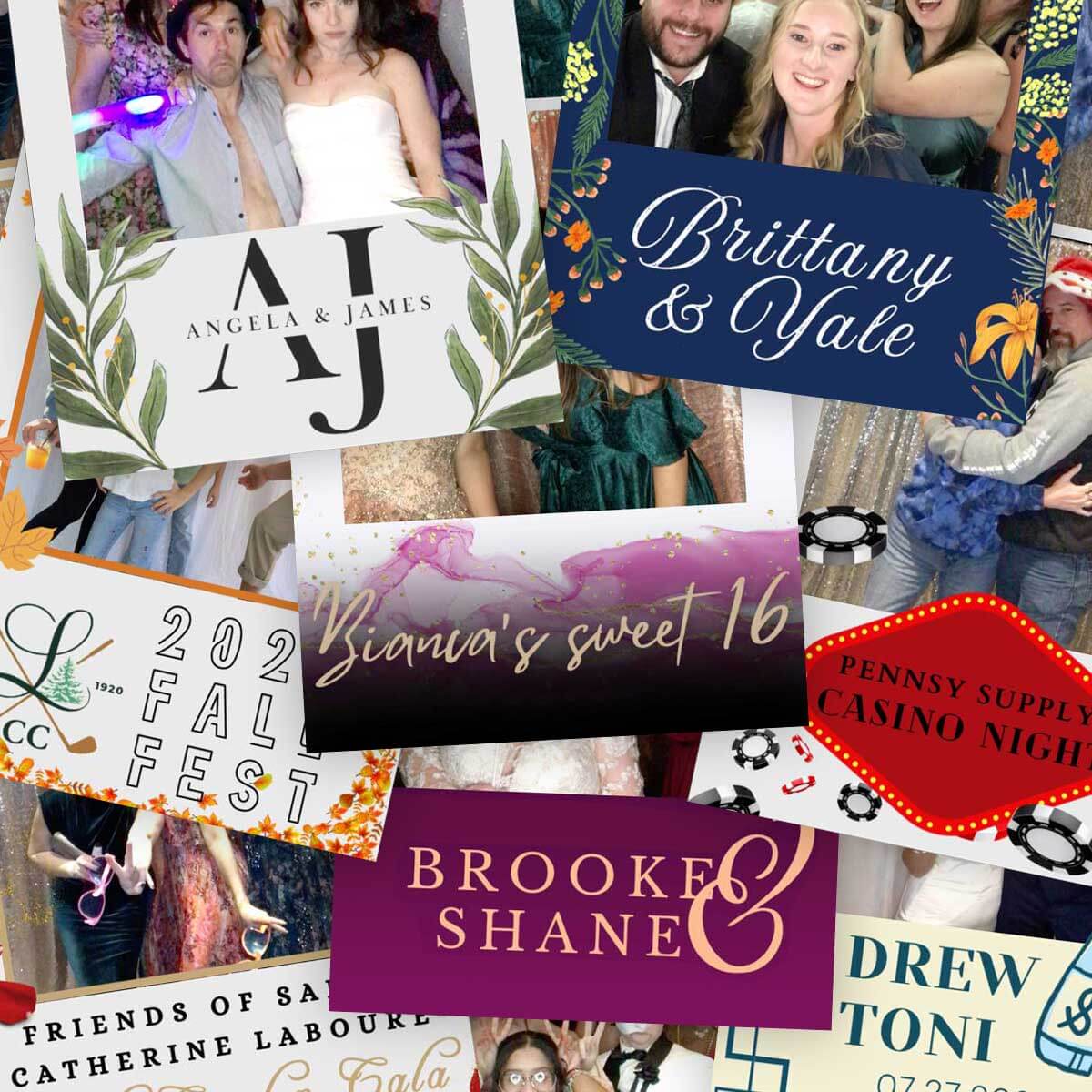 A collage of various event invitation designs, including weddings, a sweet 16, fall fest, a casino night, and other celebrations, with different colors and fonts.