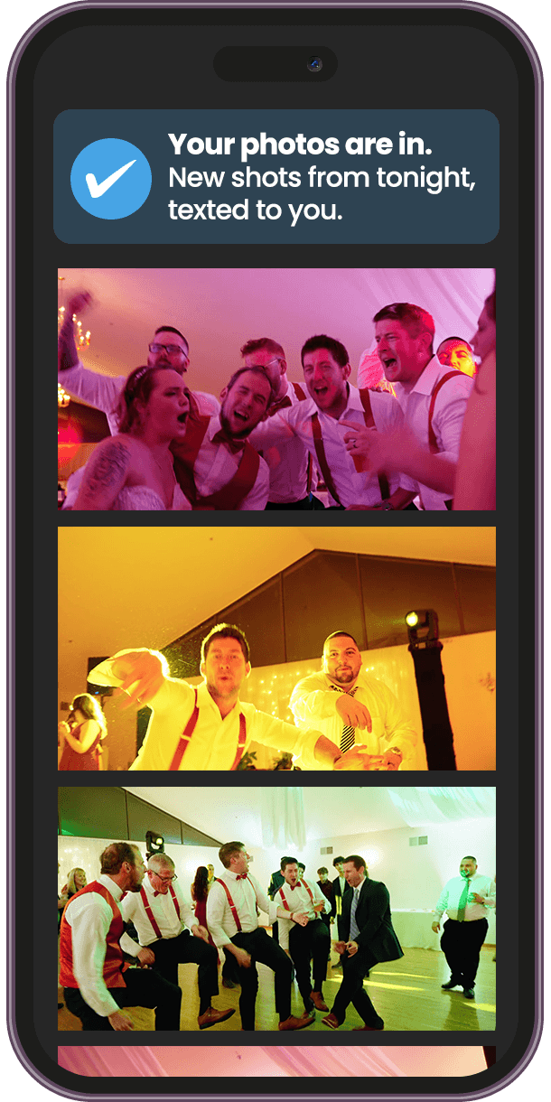 phone-notification-with-photos A phone screen displays a notification about new photos, with three images below showing people celebrating and dancing at an event.