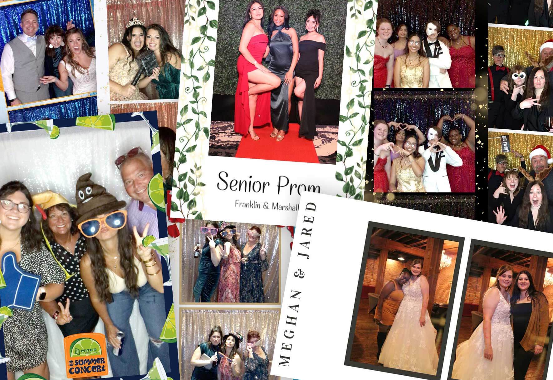 photo-strip-assortment A collage of various formal event photos featuring groups of people in dresses and suits posing, some with props and playful backgrounds, at proms, weddings, and parties.