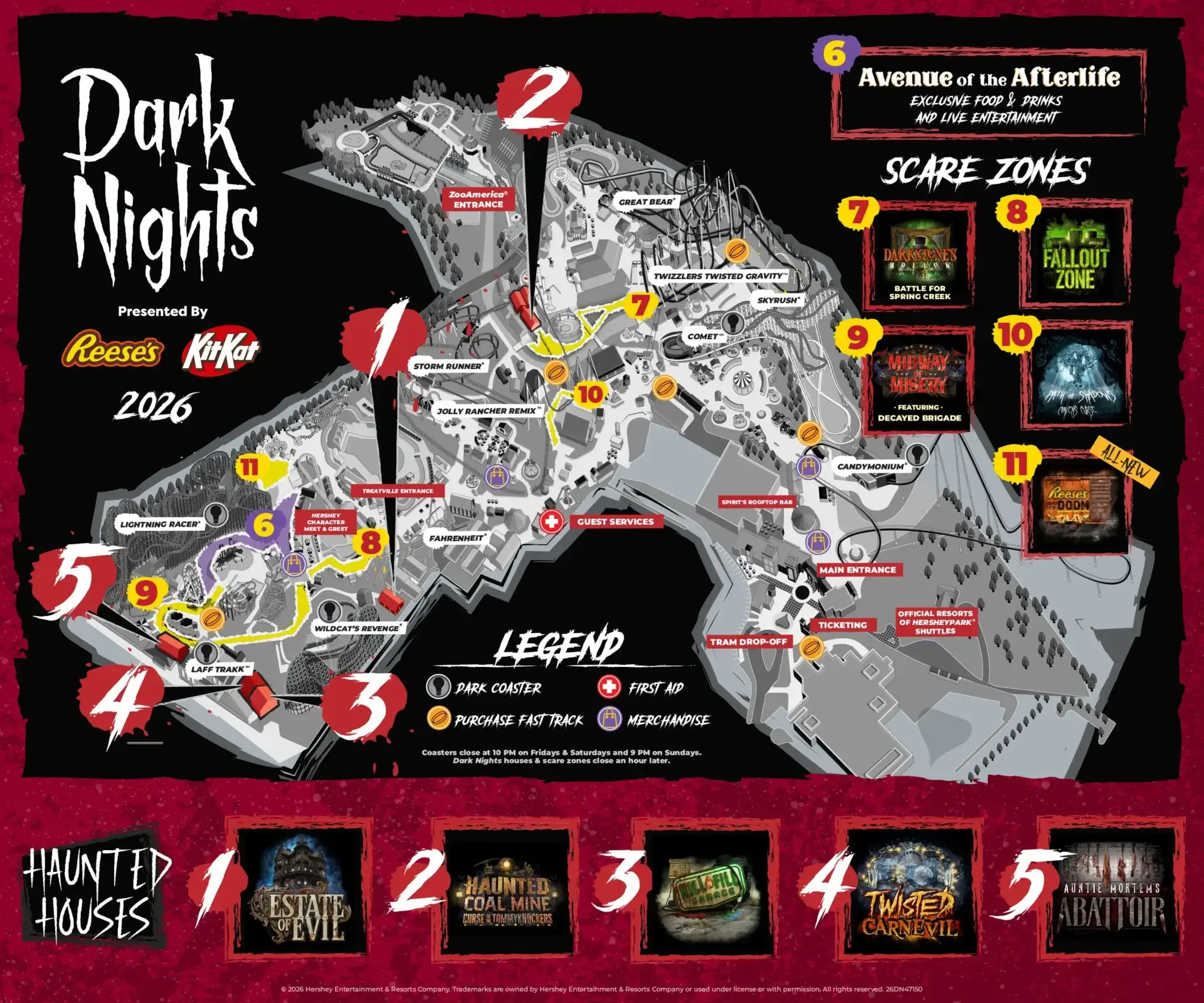 Hershey-Park-Map Theme park map for Dark Nights 2026, showing haunted houses, scare zones, dining, and first aid locations, with numbered labels and a bold, dark design.